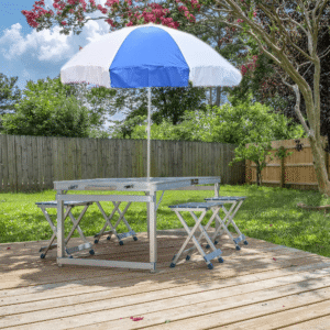 camping table with umbrella